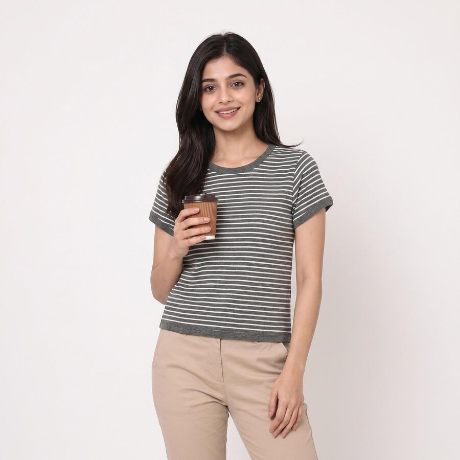 Women Grey Round Neck Regular T-Shirt, Melange Mid Grey, large