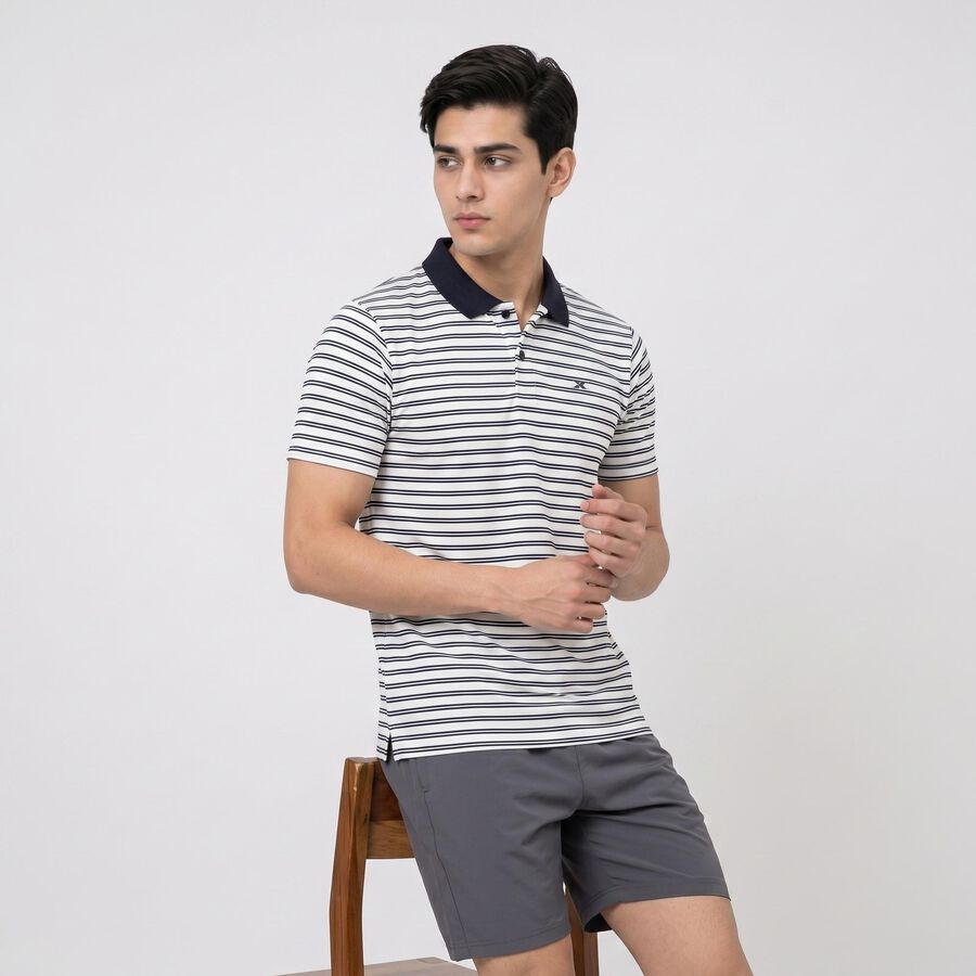 Men's White Polo Neck Striped Drifit T-Shirt, Off White, large