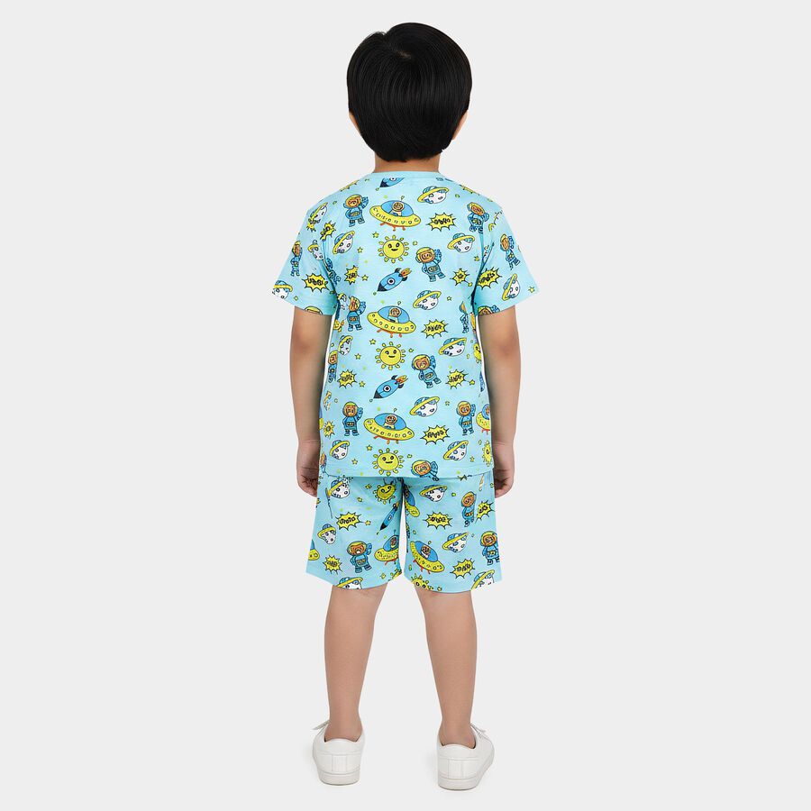 Boys Light Blue Cotton Round Neck Printed Night Suit, हल्का नीला, large