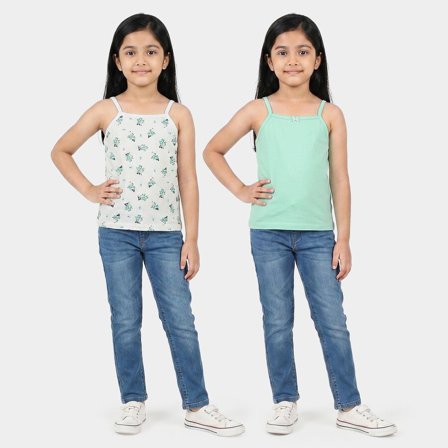 Girls' Mint Green Cotton Straight Neck Sleeveless Vest, Light Green, large