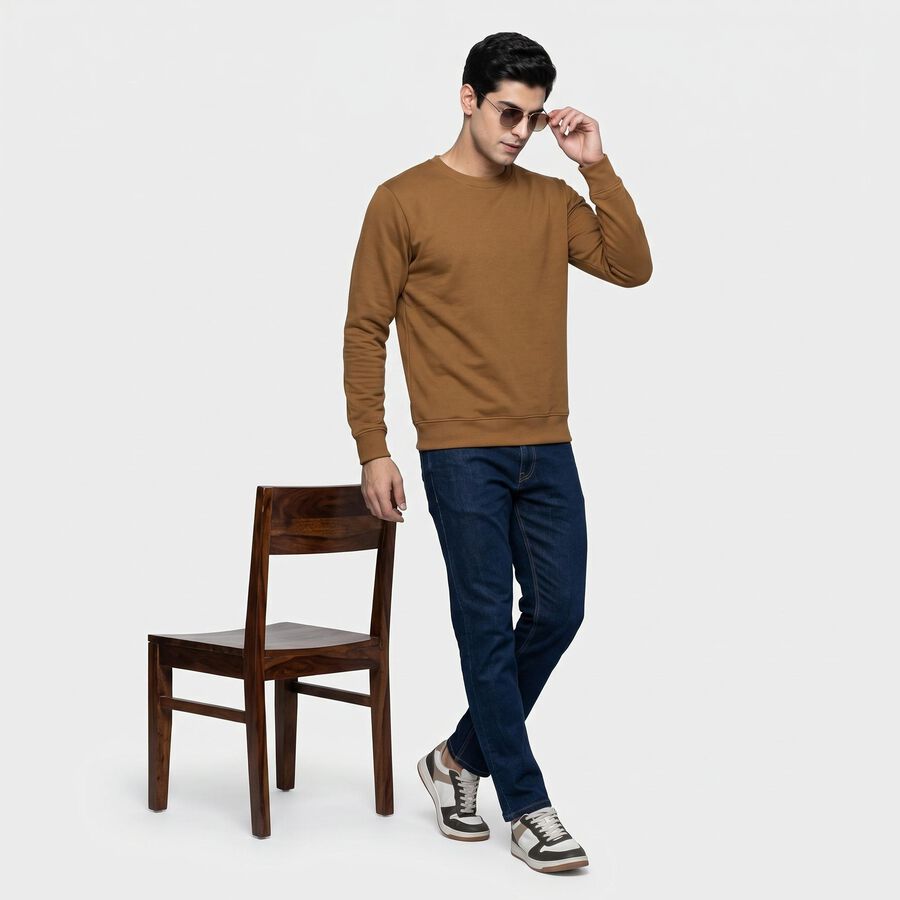 Men's Khaki Crew Neck Pullover Sweatshirt, Khaki, large