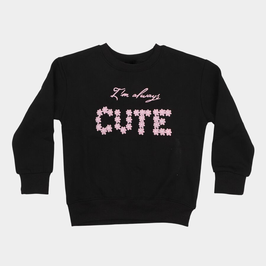 Girls Black Round Neck Graphic Pullover Sweatshirt, Black, large