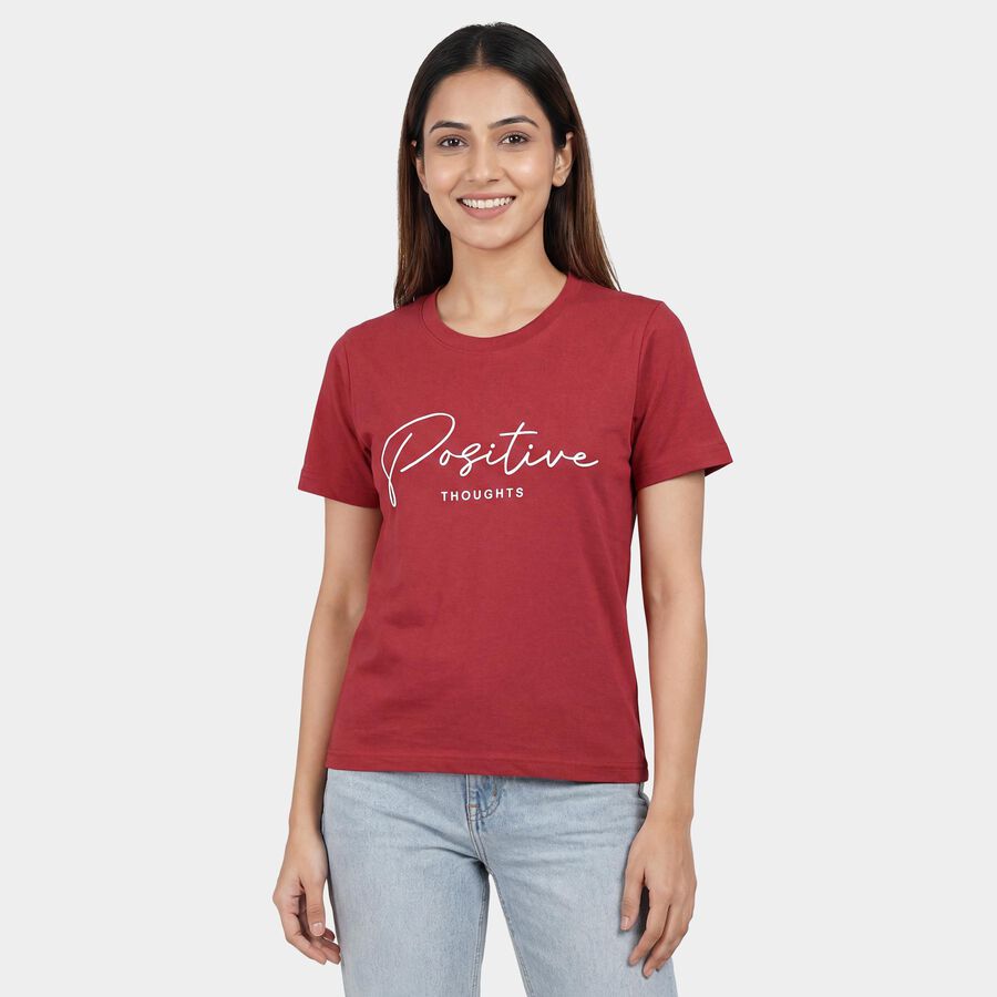 Women's Pink Round Neck Printed T-Shirt, Pink, large