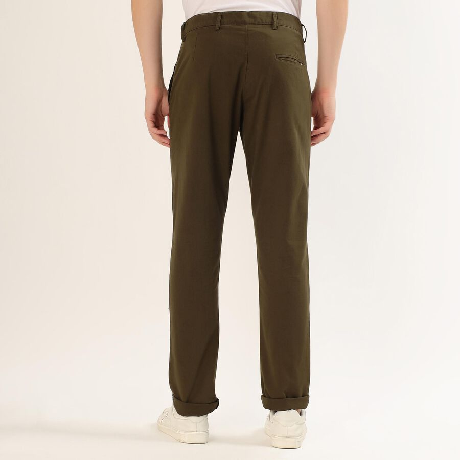 Men's Light Beige Slim Fit Flat-Front Casual Trousers, Olive, large