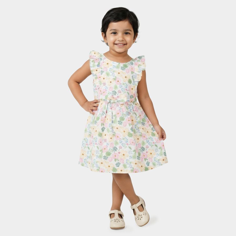 Girls' White Floral Print Sleeveless Frock, ऑफ व्हाइट, large