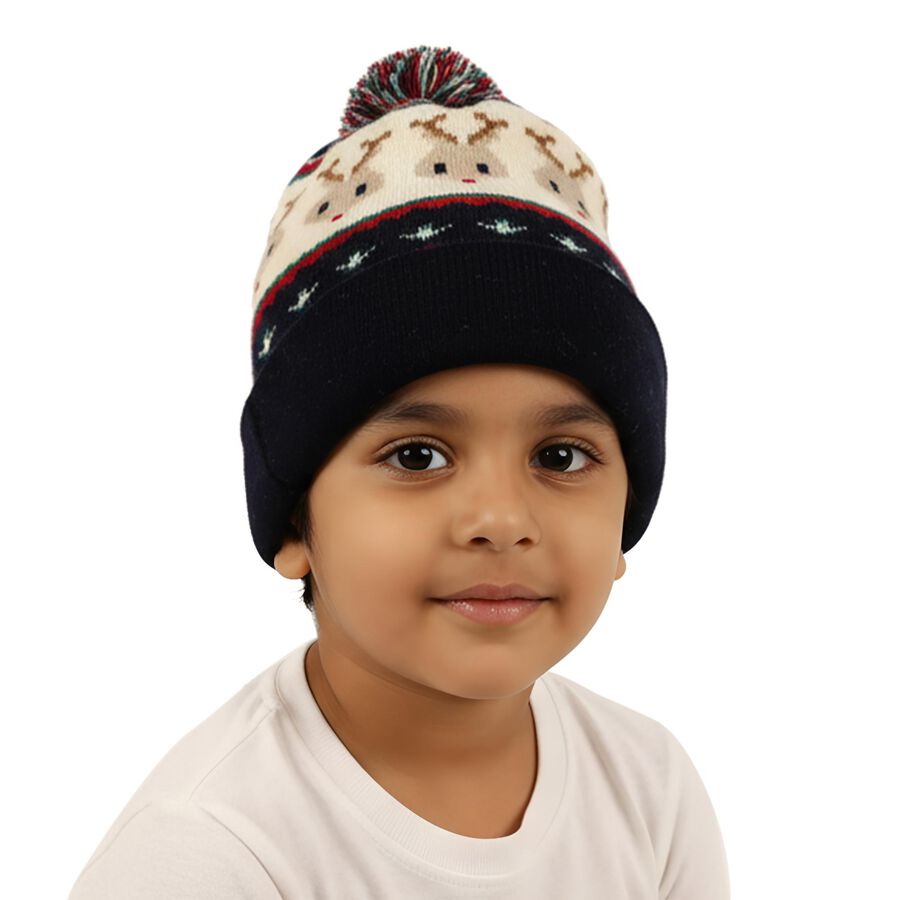 Infants Navy Blue and Cream Reindeer Print Winter Cap, नेवी ब्लू, large image number null