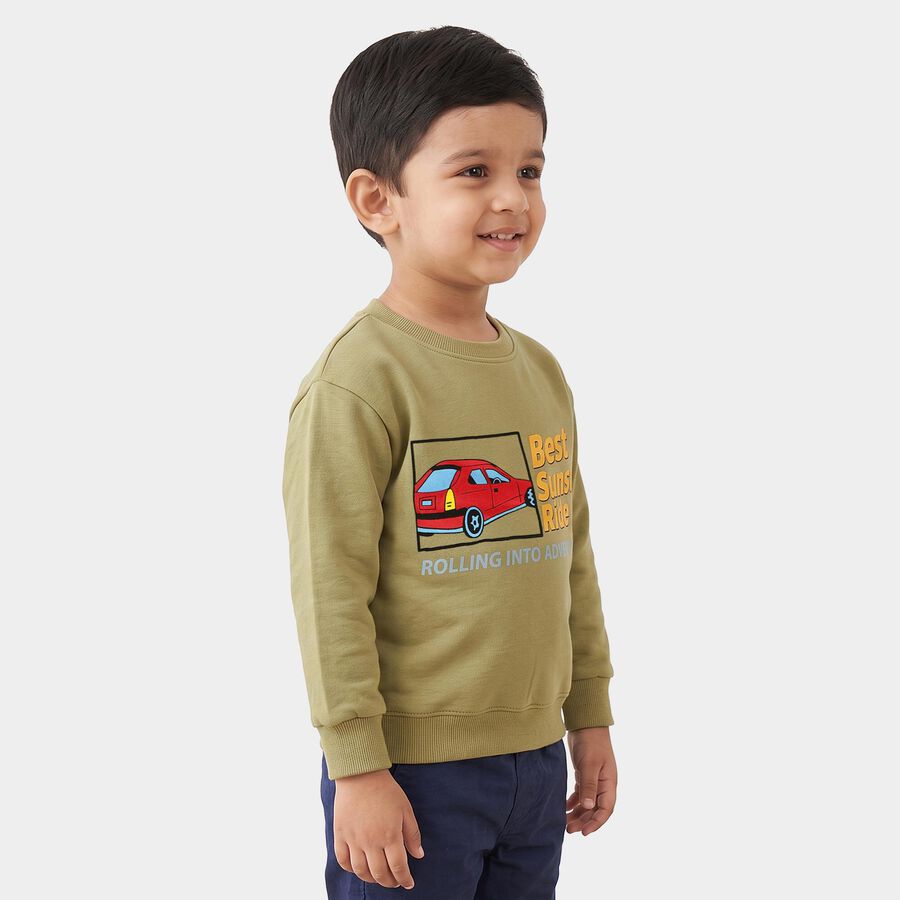 Boys' Olive Green Crew Neck Graphic Print Sweatshirt, ओलिव, large