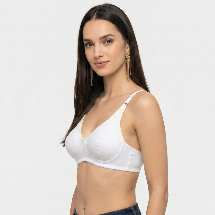 Women's White Cotton Blend V-Neck T-Shirt Bra, White, large