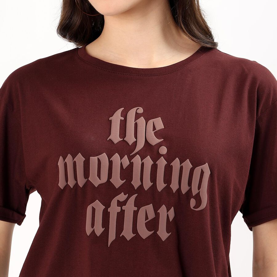 Women's Deep Maroon Cotton Round Neck Casual T-Shirt, भूरा, large