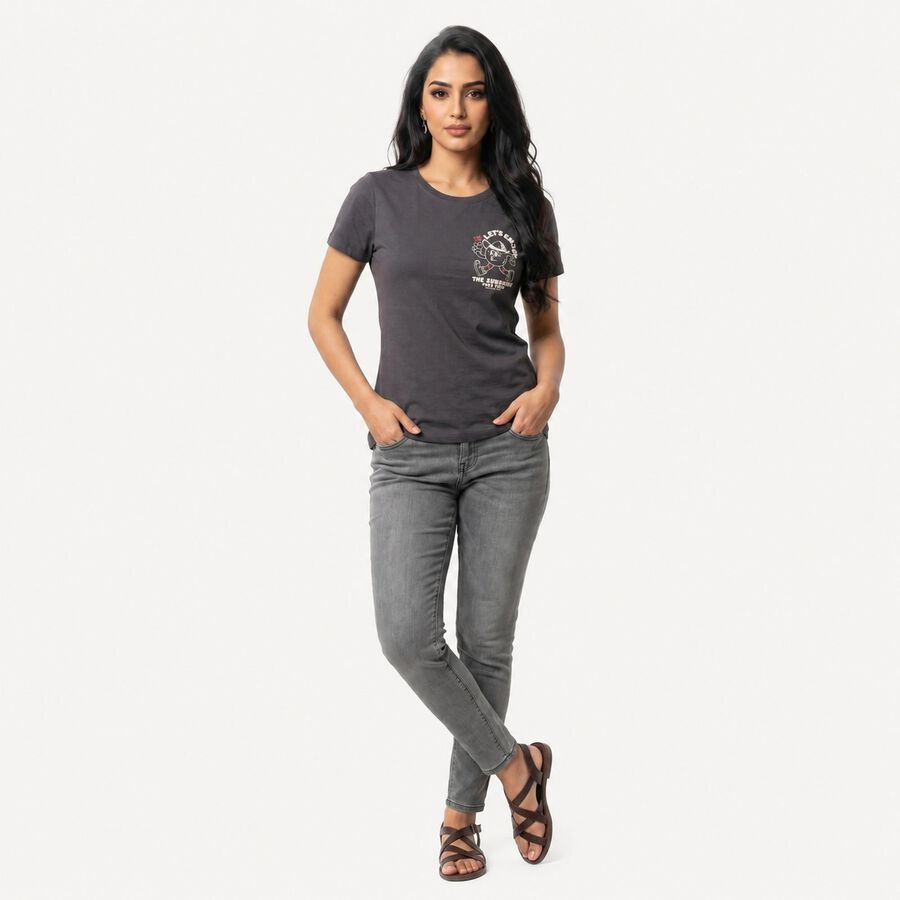 Women's Grey Round Neck Regular T-Shirt, Dark Grey, large
