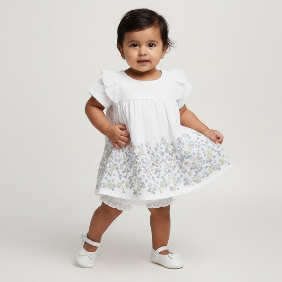Infants' Bright White Floral Printed Cotton Frock, सफ़ेद, large image number null