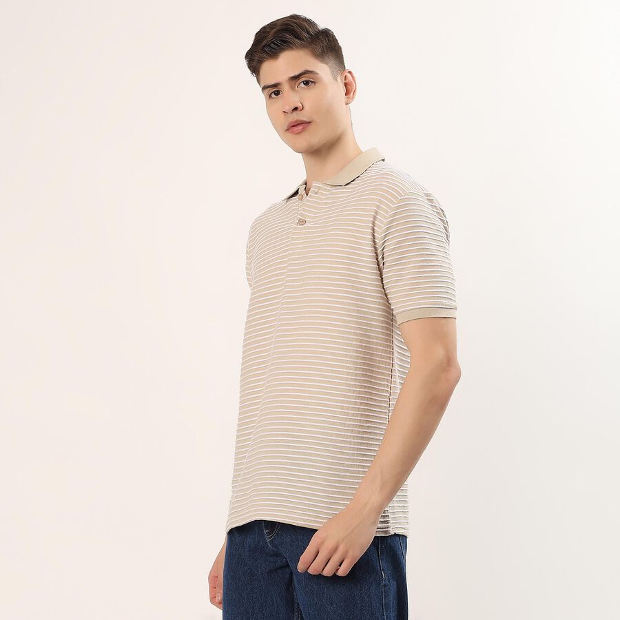 Men's Beige Polo Neck Preppy T-Shirt, Beige, large