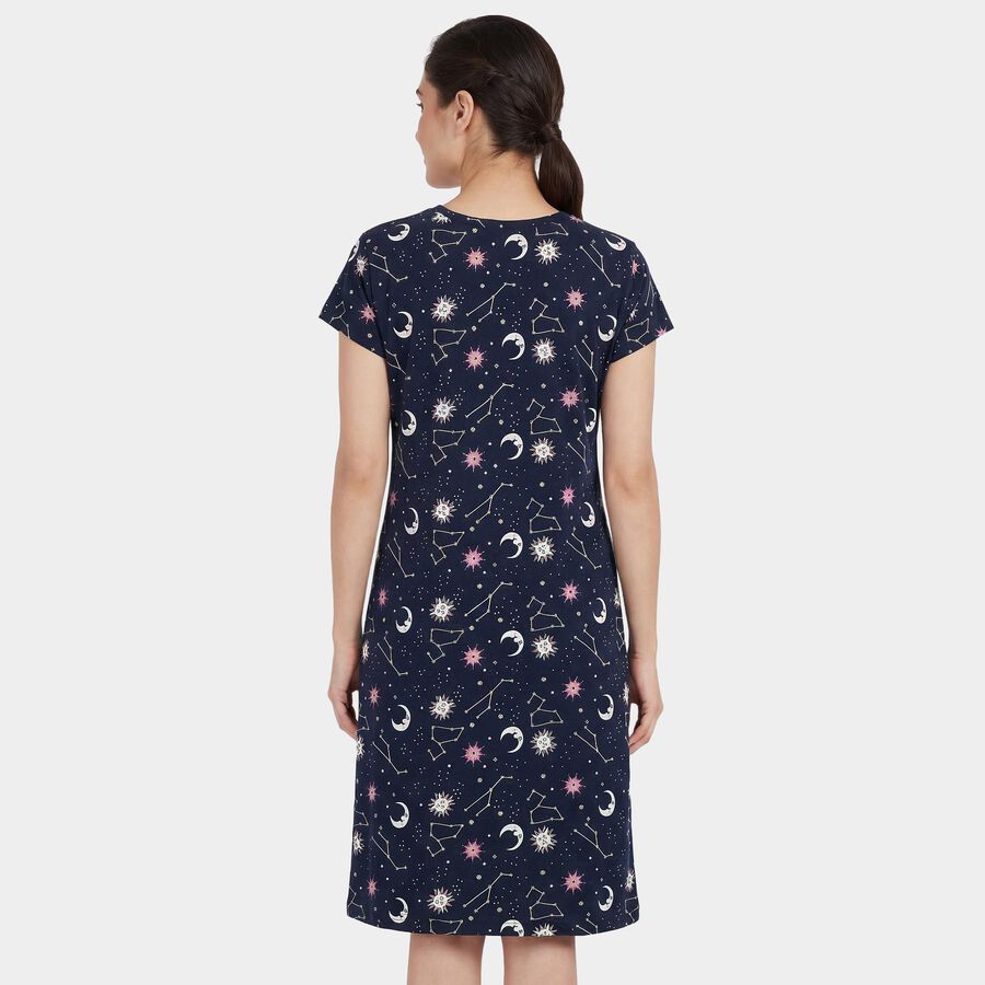 Women's Navy Blue Cotton Round Neck Floral Print Nighty, Navy Blue, large