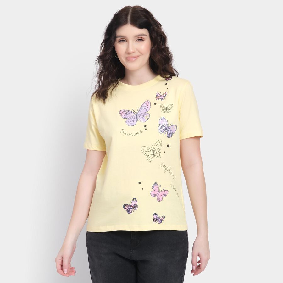 Ladies' 100% Cotton Round Neck T-Shirt, पीला, large
