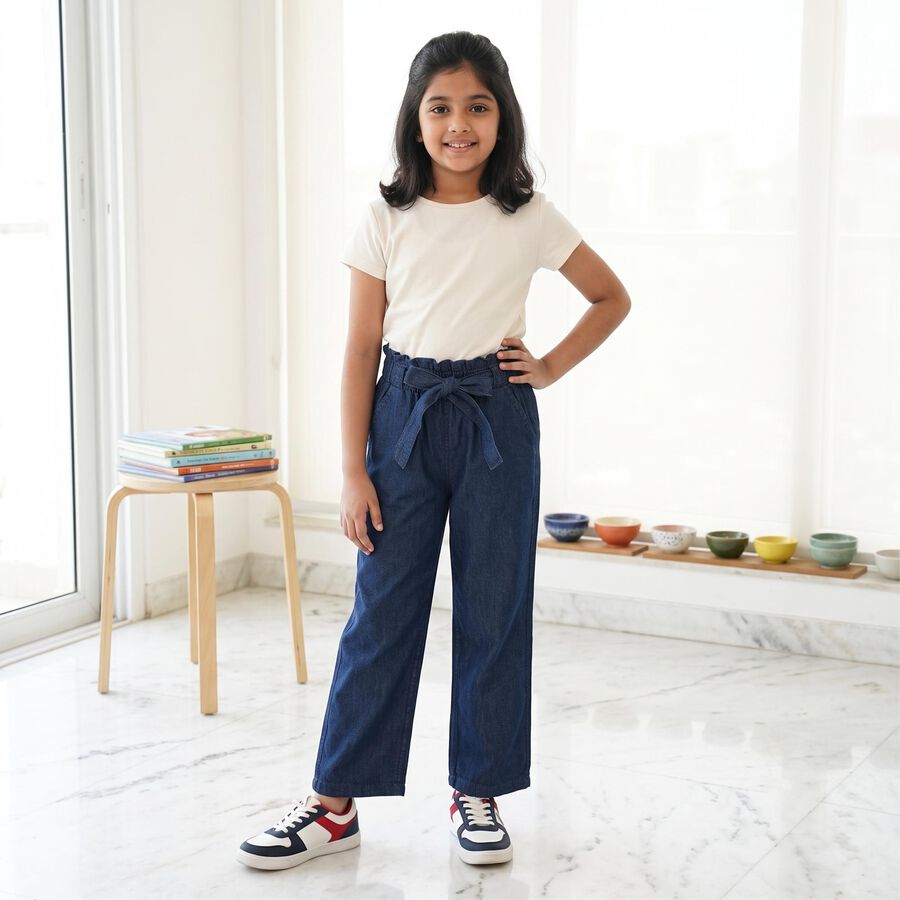 Girls Blue Wide Leg Paperbag Waist Jeans, मिश्रित नीला, large