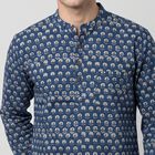 Men's Navy Blue Cotton Mandarin Collar Floral Printed Kurta, गहरा नीला, small