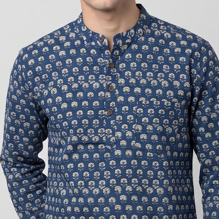 Men's Navy Blue Cotton Mandarin Collar Floral Printed Kurta, गहरा नीला, large