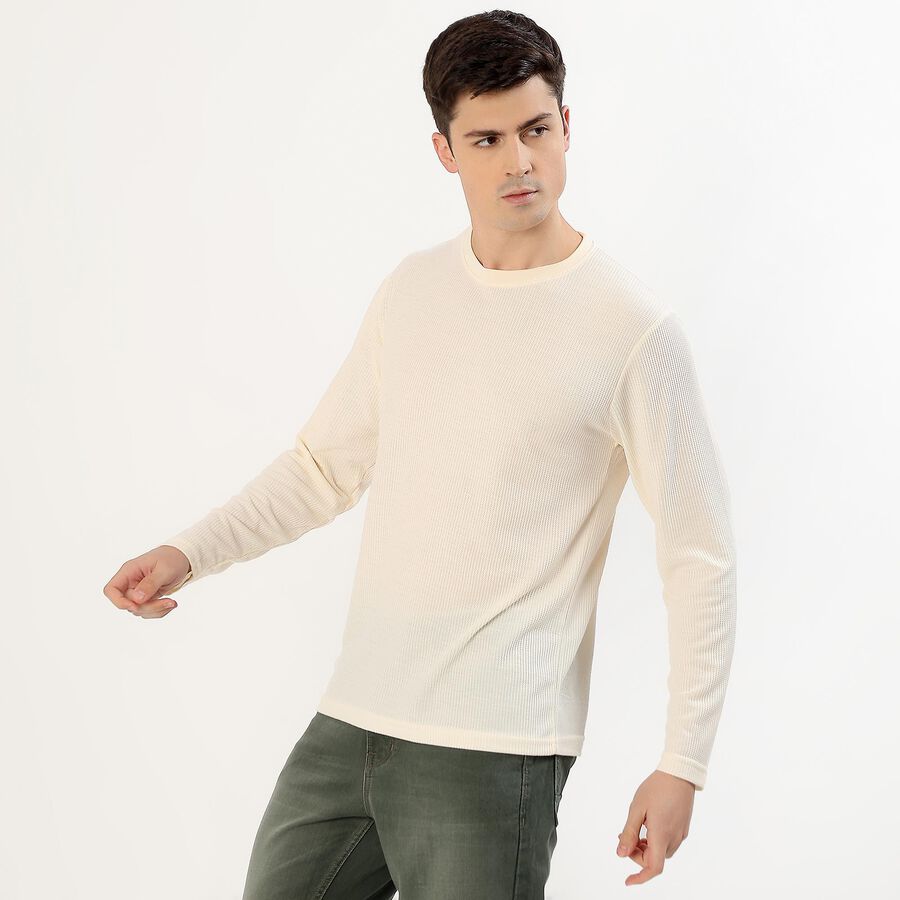 Men's Light Cream Round Neck Casual T-Shirt, एक्रू मिश्रित, large image number null