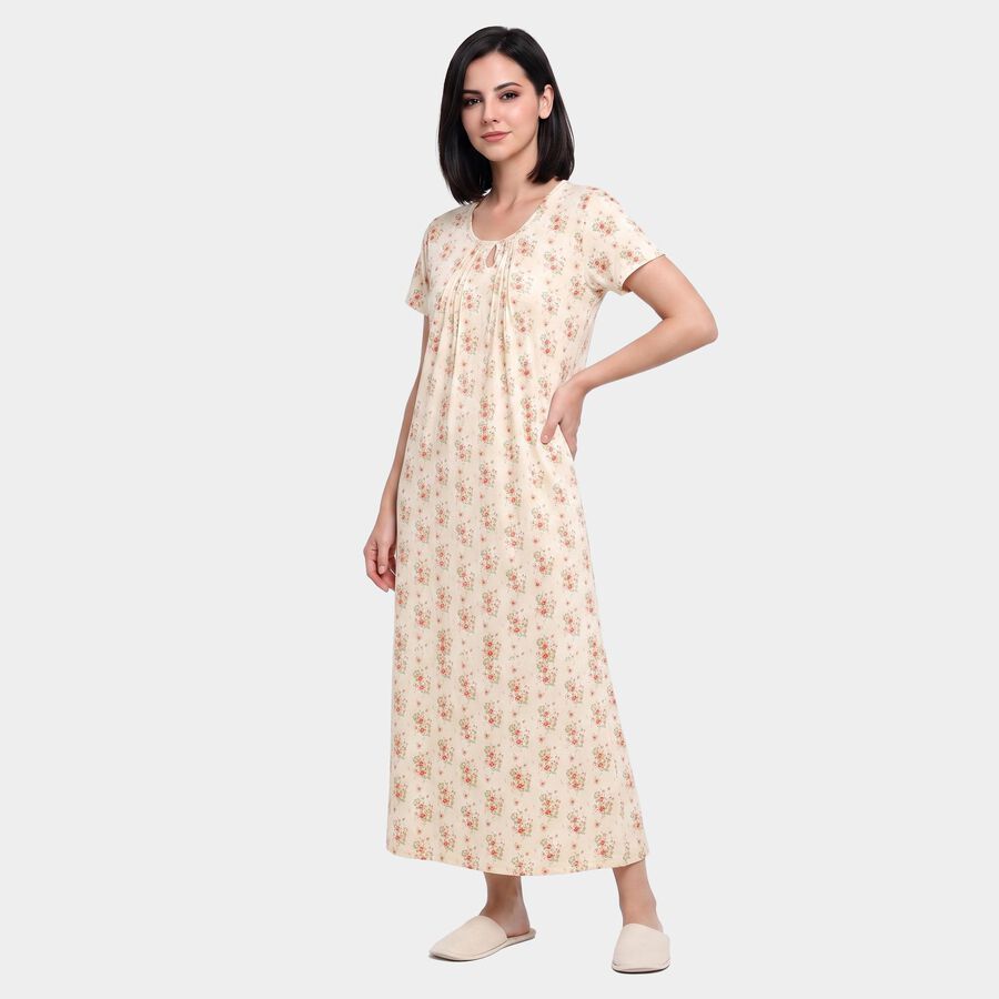 Women's Off White Round Neck Maxi Nighty, ऑफ व्हाइट, large