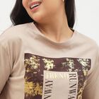 Women's Light Beige Cotton Round Neck Graphic Crop T-Shirt, Beige, small
