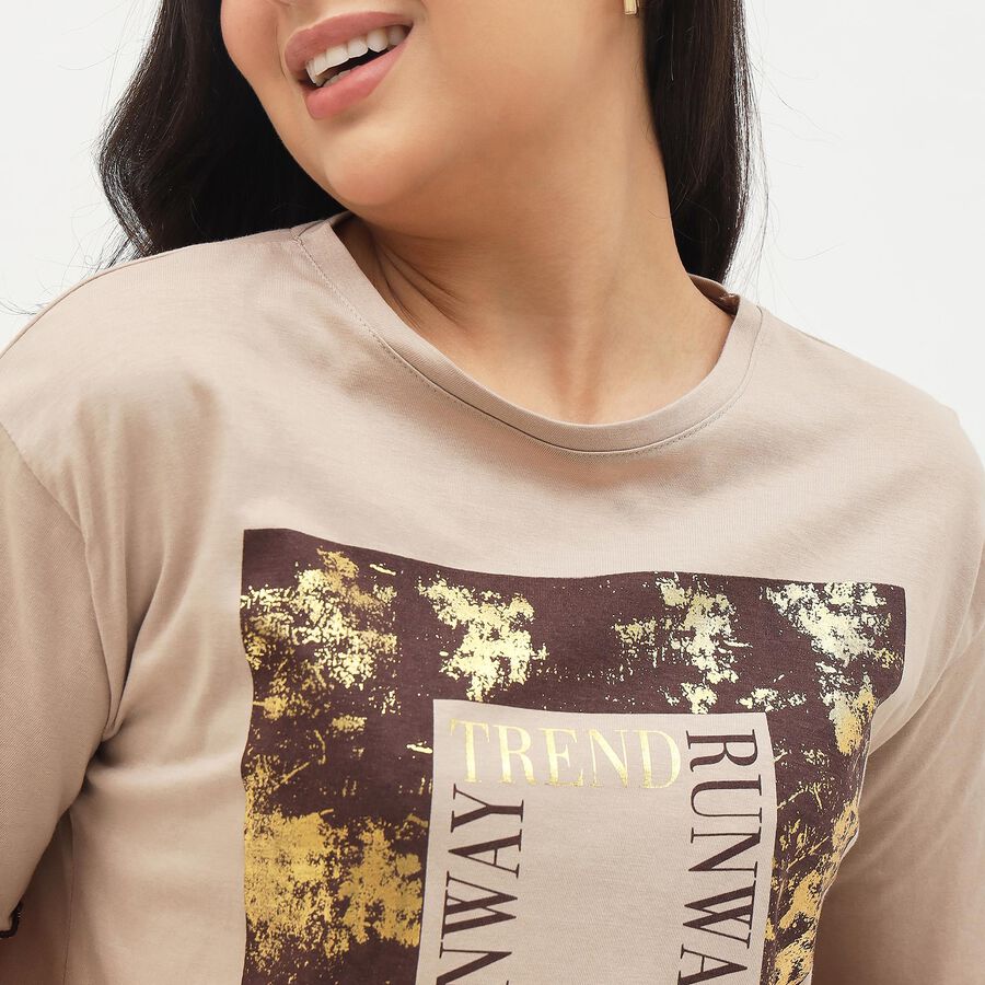 Women's Light Beige Cotton Round Neck Graphic Crop T-Shirt, Beige, large