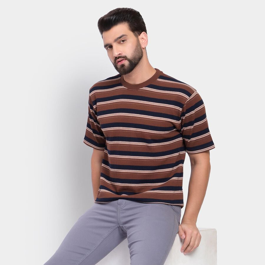 Men's Round Neck Half Sleeves T-Shirt , Brown, large