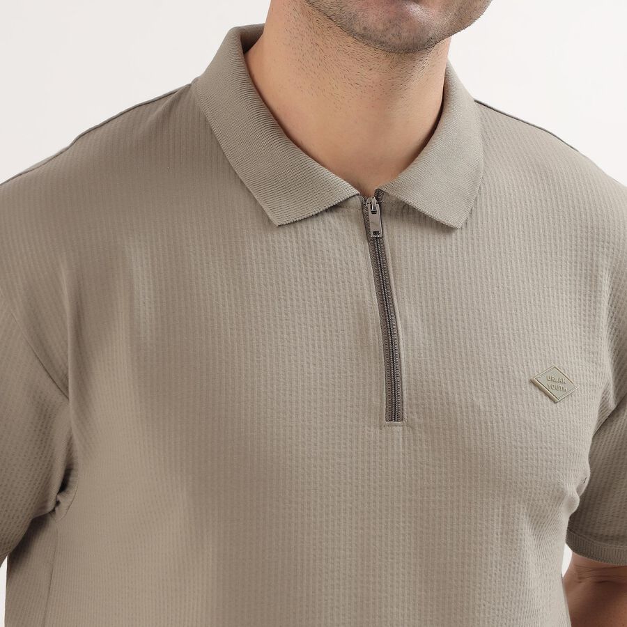 Men's Light Lime Green Polo Neck Geometric Printed Collared T-Shirt, Light Green, large