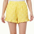 Women's Yellow Regular Fit Gingham Ruffle Hem Shorts, पीला, small