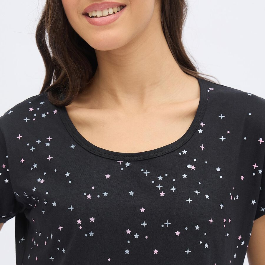 Women's Black Cotton Scoop Neck Casual Nighty, काला, large image number null