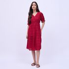 Women's Rich Crimson Red Cotton V-Neck Casual Midi Dress, Maroon, small image number null