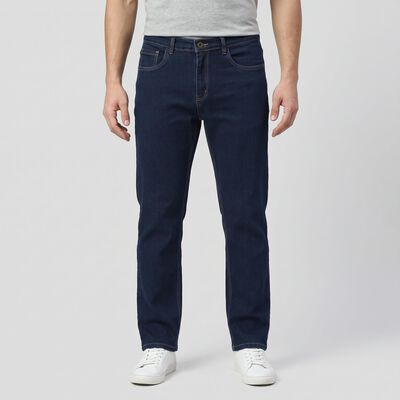 Men's Navy Blue Straight Fit Washed Jeans