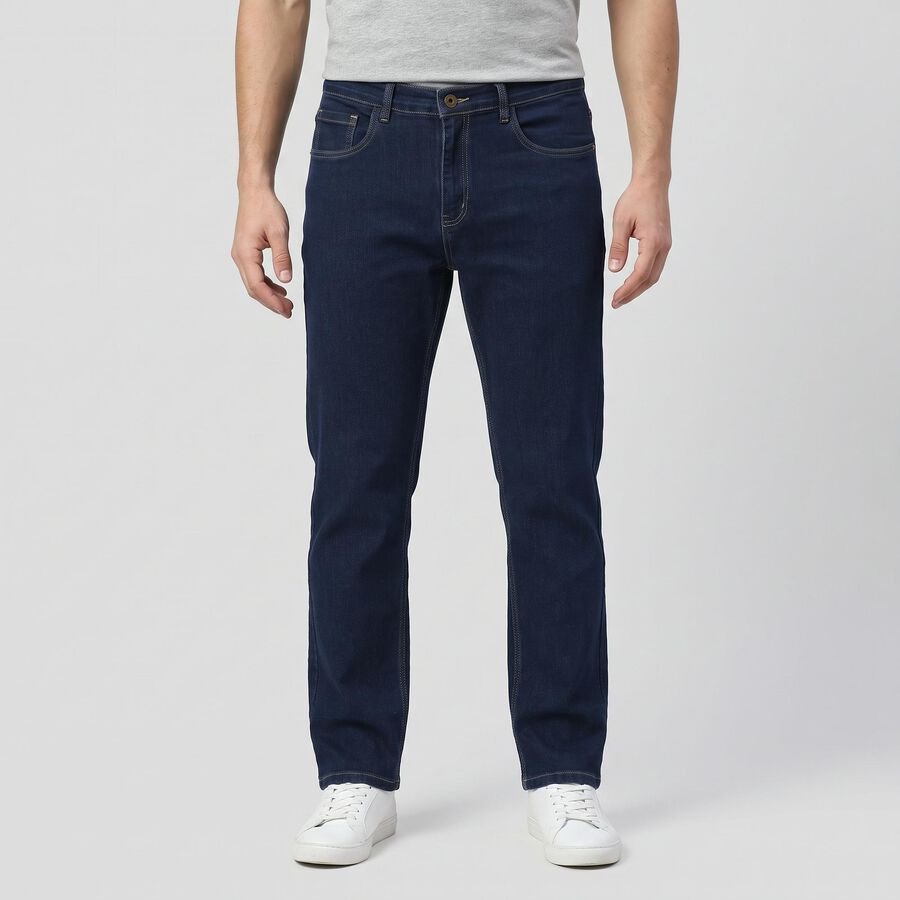 Men's Navy Blue Straight Fit Washed Jeans, मध्यम नीला, large