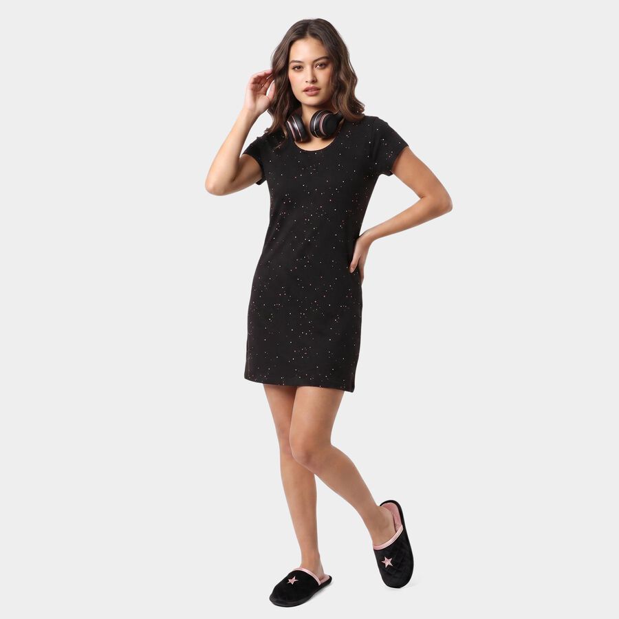 Women's Black Round Neck T-Shirt Style Nighty, काला, large