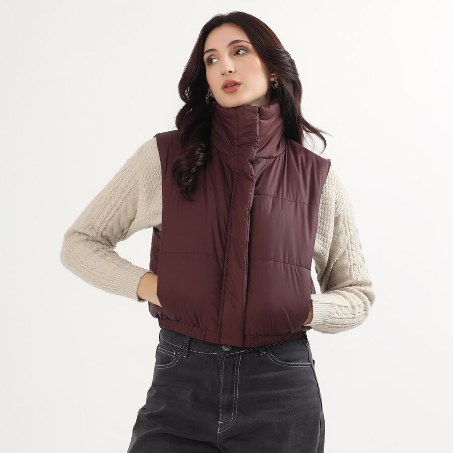 Women's Deep Maroon High Neck Sleeveless Puffer Jacket, Wine, large image number null