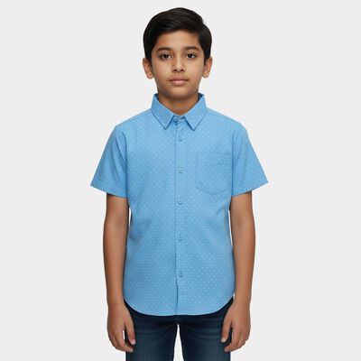 Boys' Teal Blue Cotton Half Sleeve Spread Collar Casual Shirt