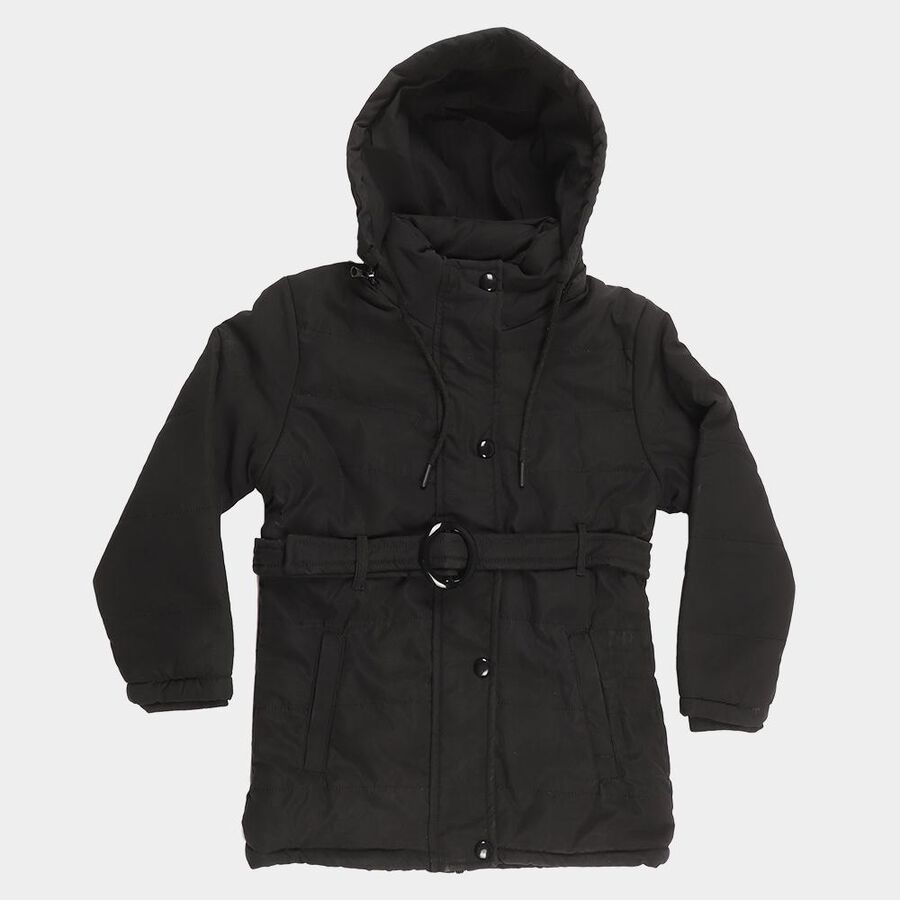 Girls' Jet Black Hooded Casual Jacket, Black, large image number null