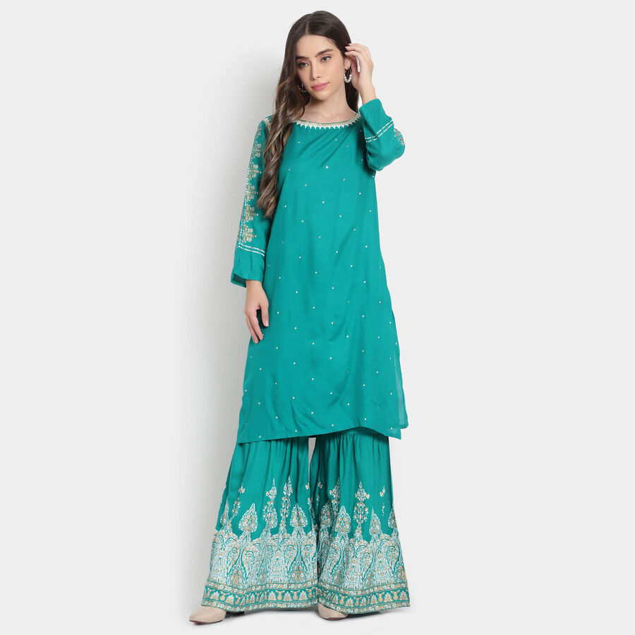 Embroidered 3/4th Sleeves Kurta, Dark Green, large image number null