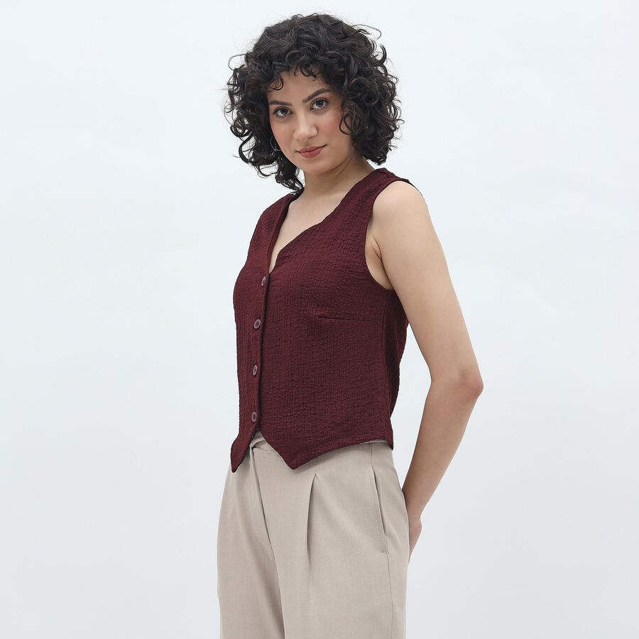 Women's Rich Burgundy V-Neck Casual Sleeveless Top, भूरा, large