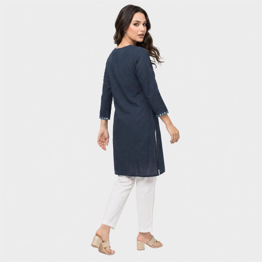 Women's Navy Blue Notch Neck Embroidered Kurta, गहरा नीला, large