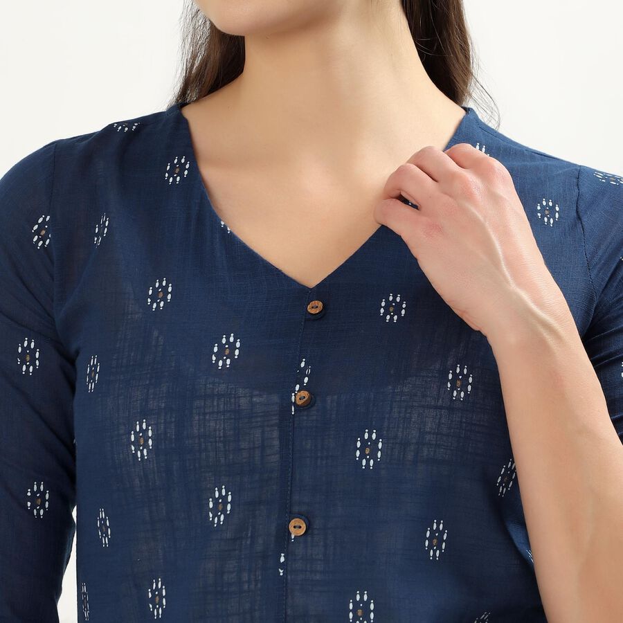 Women's Dark Blue Cotton Notch Neck Floral Printed Kurti, Dark Blue, large
