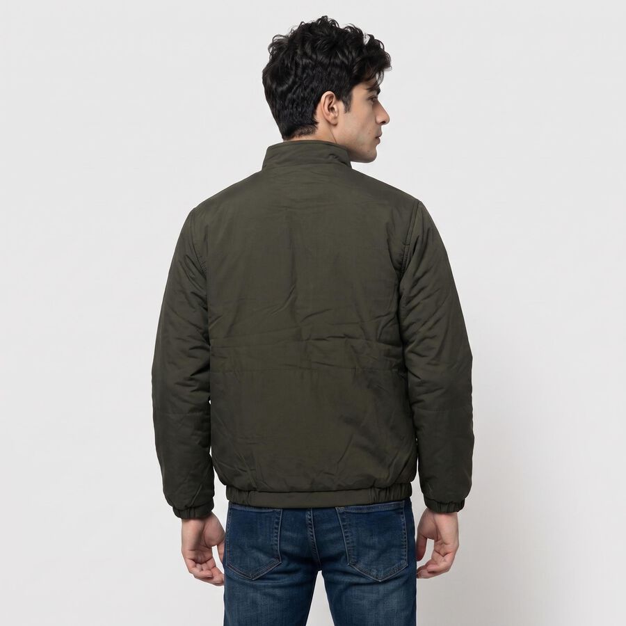 Men's Olive Green Stand Collar Bomber Jacket, Olive, large