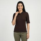 Women's Brown Cotton Blend Polo Neck Preppy Polo T-Shirt, Brown, small
