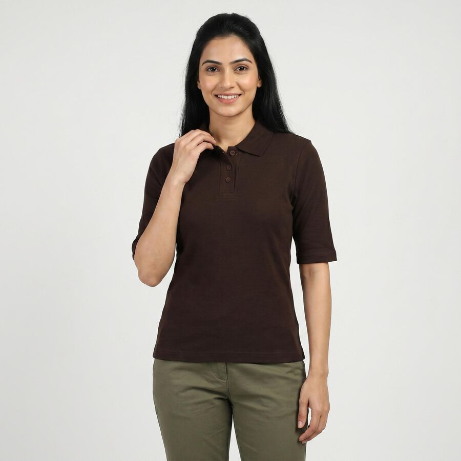 Women's Brown Cotton Blend Polo Neck Preppy Polo T-Shirt, Brown, large