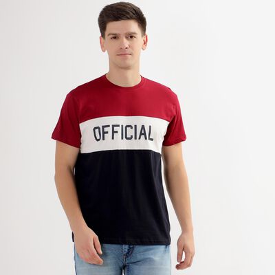 Men's Deep Burgundy Cotton Round Neck Colorblock T-Shirt