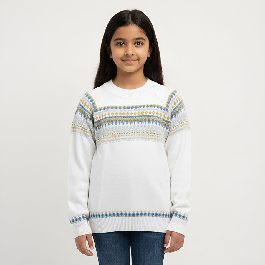 Girls' Rich Eggshell White Crew Neck Casual Pullover, White, large image number null