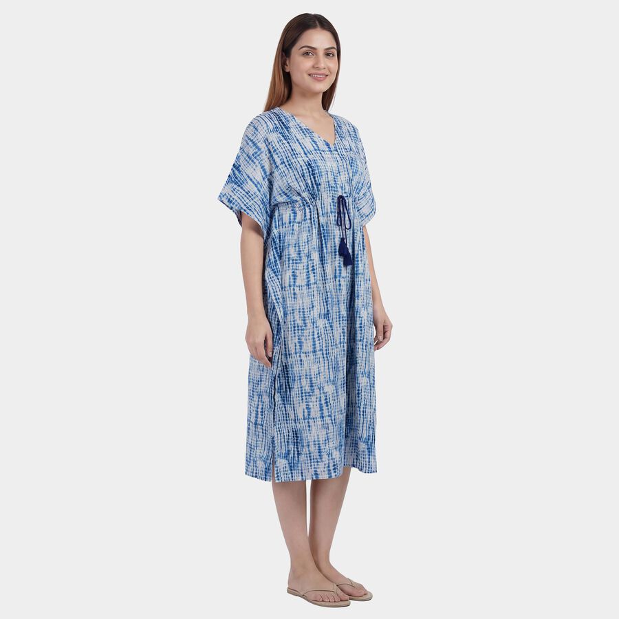 Women's Blue V-Neck Tie-Dye Kaftan Nighty, Light Blue, large