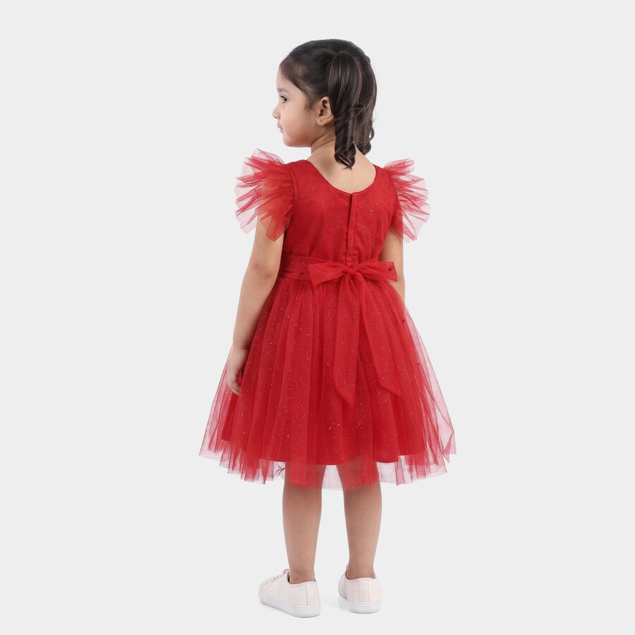 Girls' Fuchsia Fit and Flare Glitter Net Party Wear Frock, रानी (फ्यूशिया), large