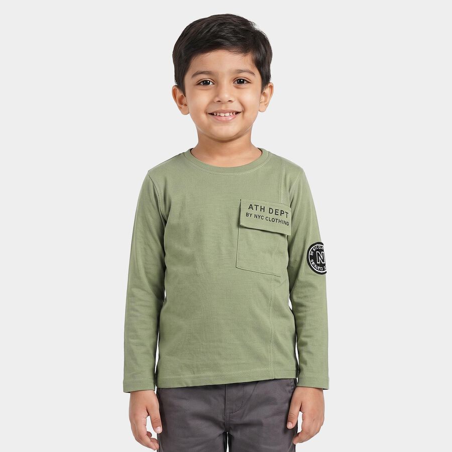 Boys Olive Green Cotton Round Neck Regular T-Shirt, Olive, large