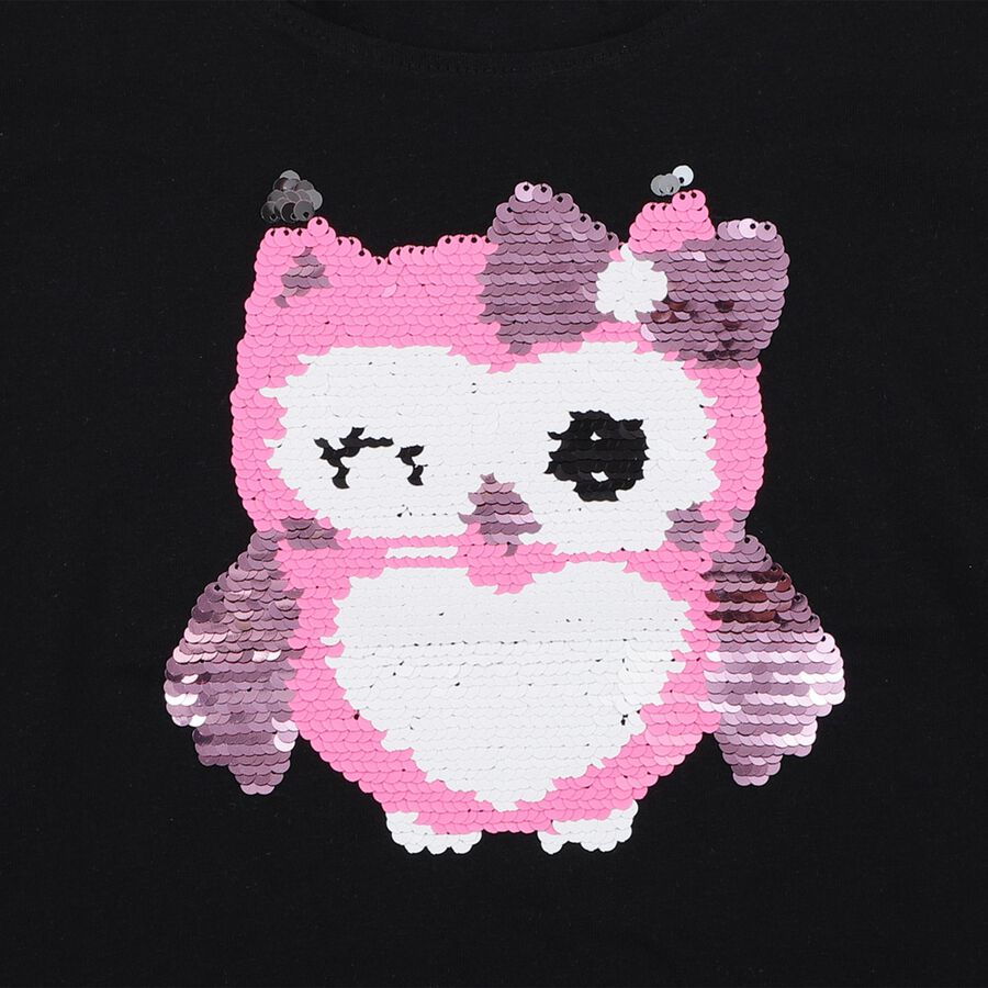 Girls Black Cotton Round Neck Casual T-Shirt, काला, large