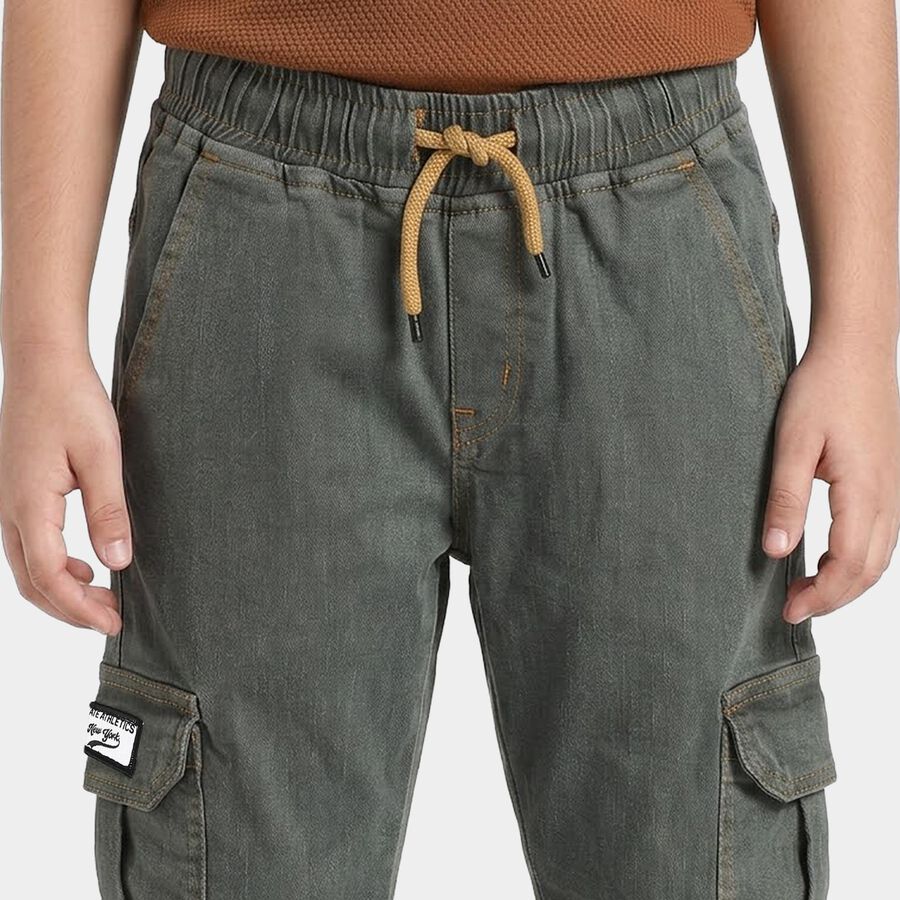 Boys' Olive Green Relaxed Fit Cargo Jeans, ओलिव, large
